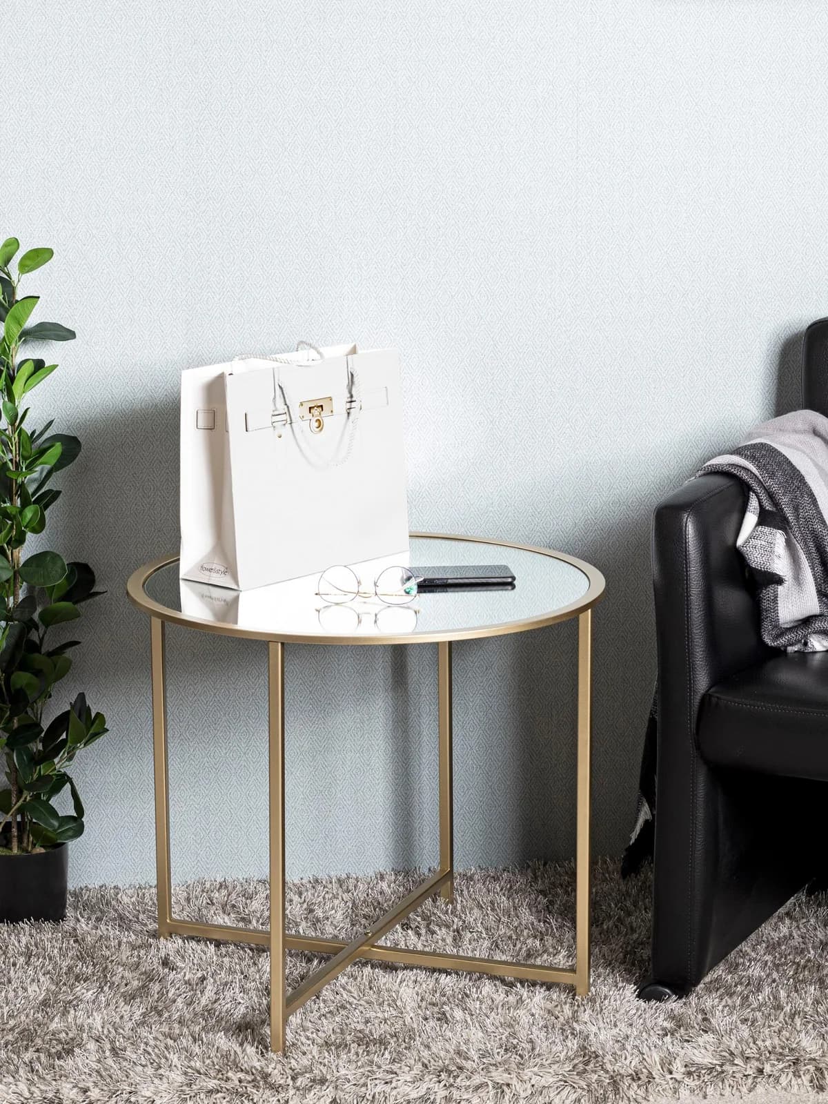 HAKU Beistelltisch rund Gold Spiegelglas Metall X-Gestell