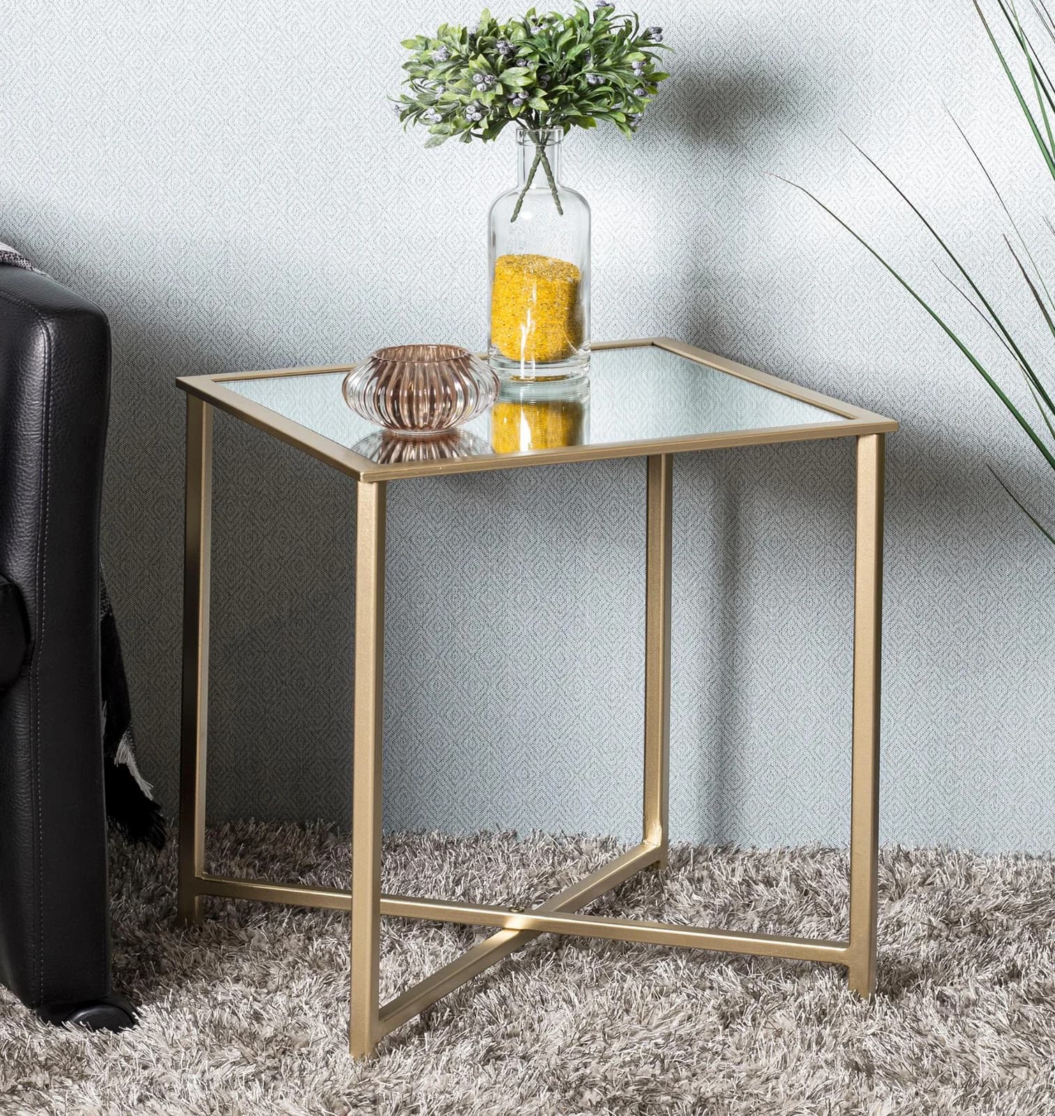 HAKU Beistelltisch Gold Spiegelglas X-Gestell
