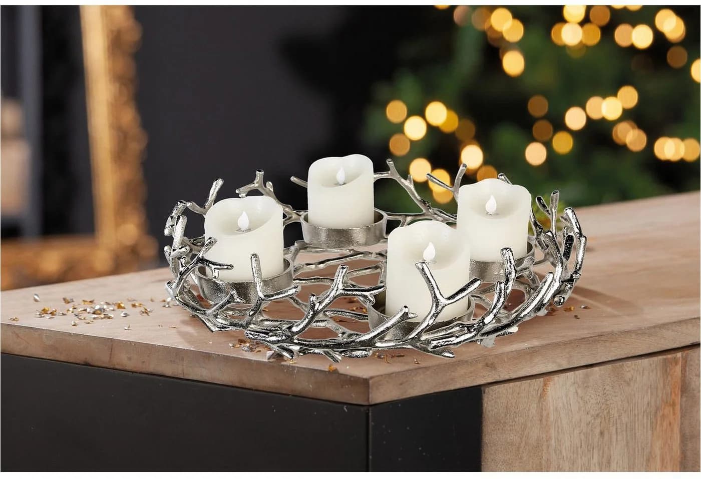 Gilde Adventsleuchter Twigs rund silberfarben Aluminium