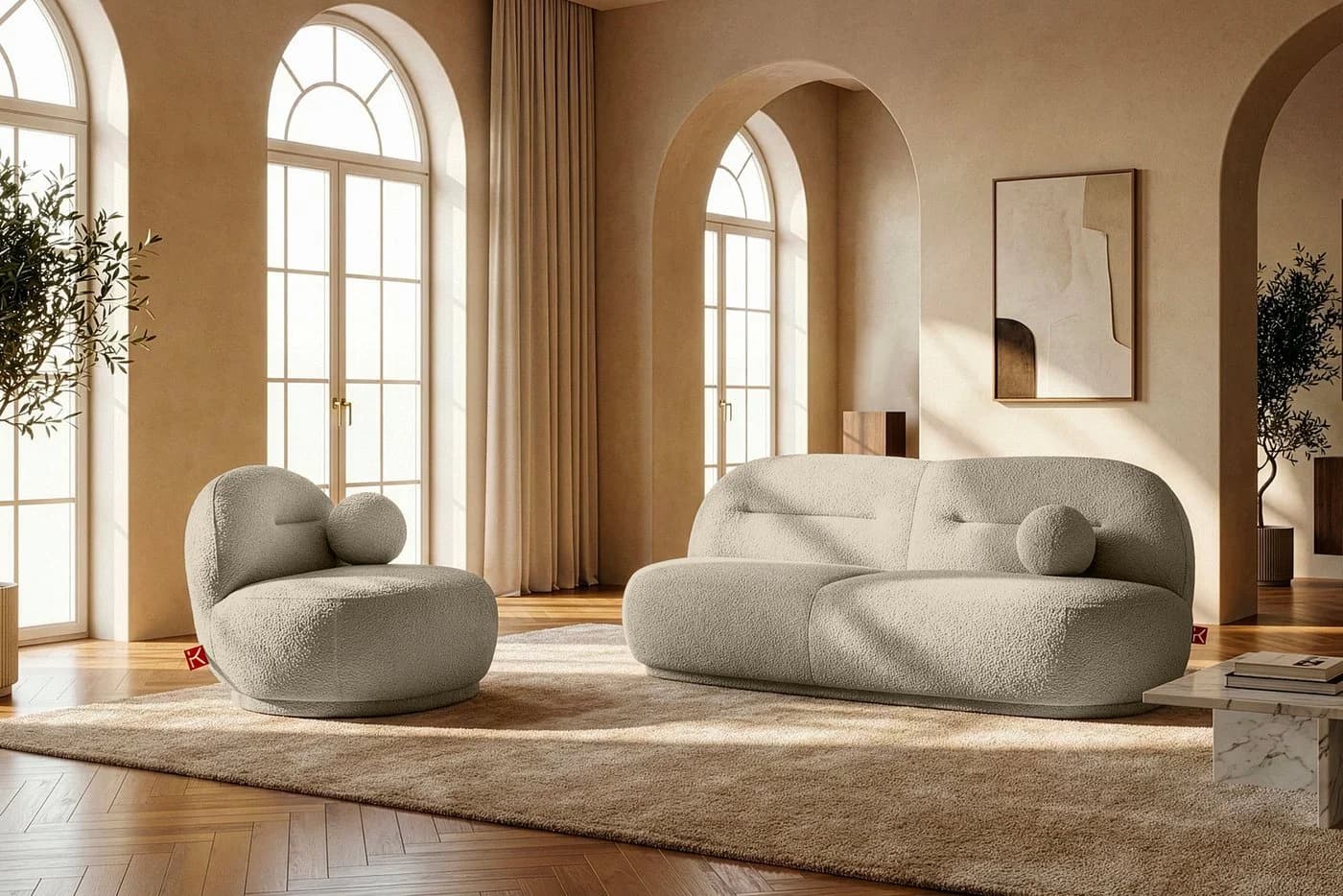 KONSIMO Sofa MALVE 3-Sitzer Couch in Bouclé hellbeige mit Dekokissen - Bild 5