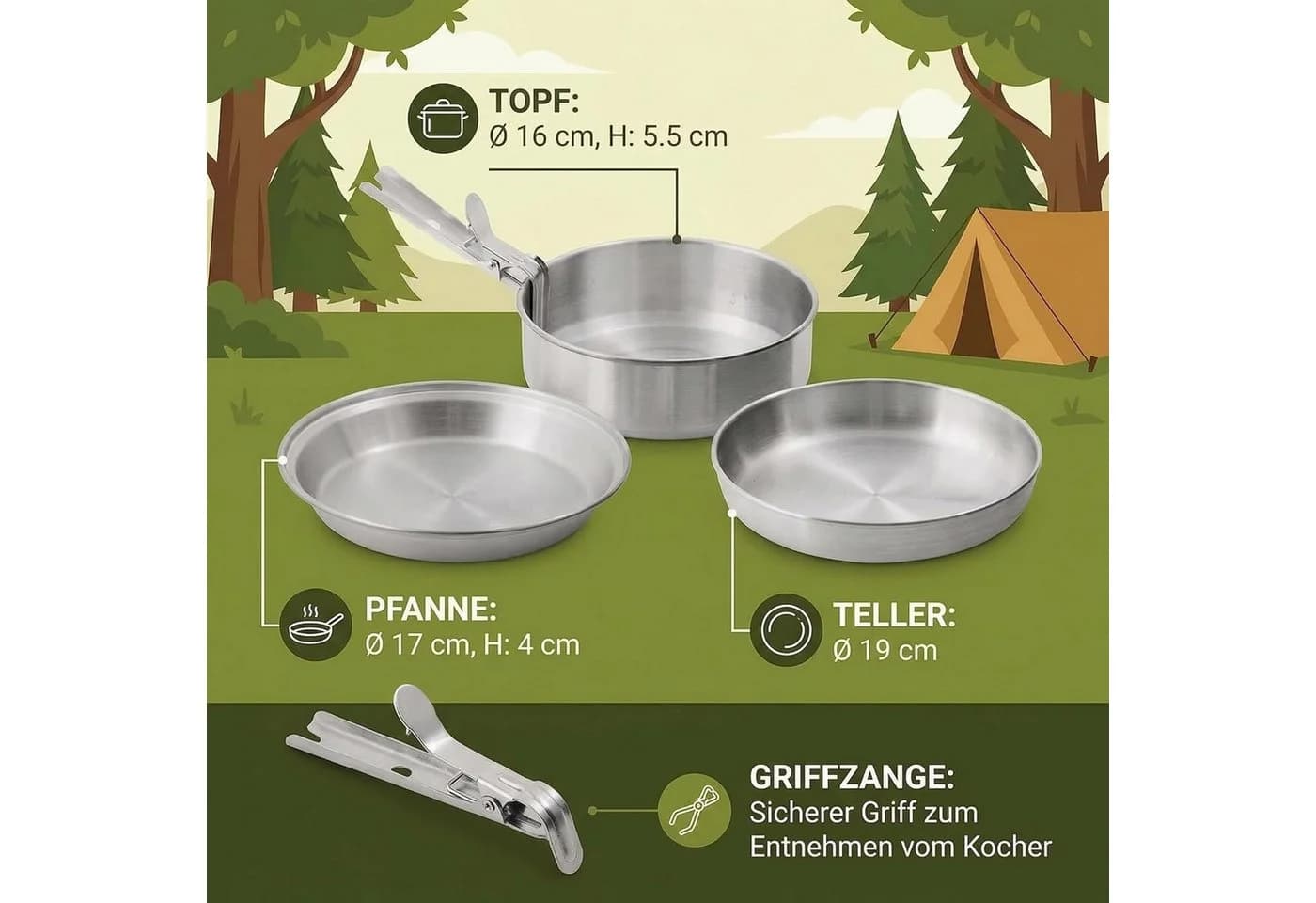 Norskin Camping Kochgeschirr Set 4-tlg. Topf Pfanne Teller Ultra Leicht