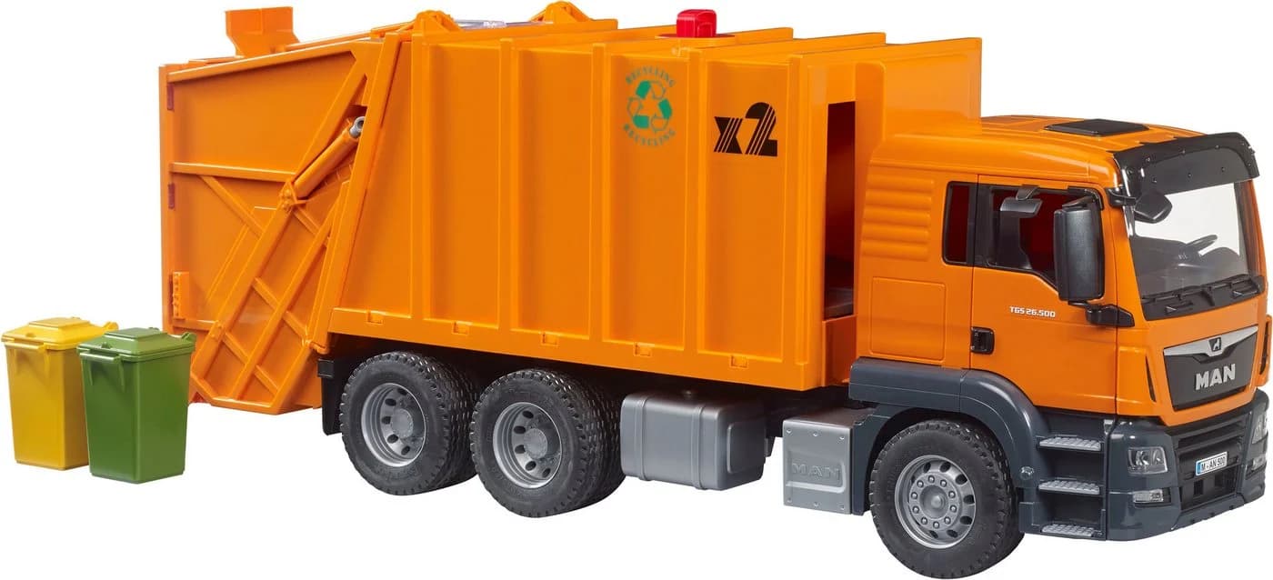 Bruder® MAN TGS Müll-LKW Spielzeug 1:16 Orange mit Drehrad-Mechanik