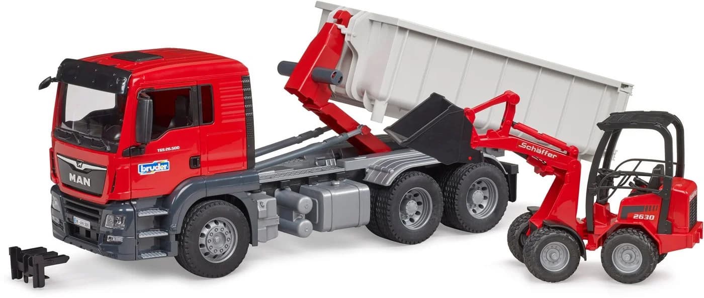 Bruder® MAN TGS LKW 03767 3-tlg. Set mit Abrollcontainer + Schäffer Hoflader Rot