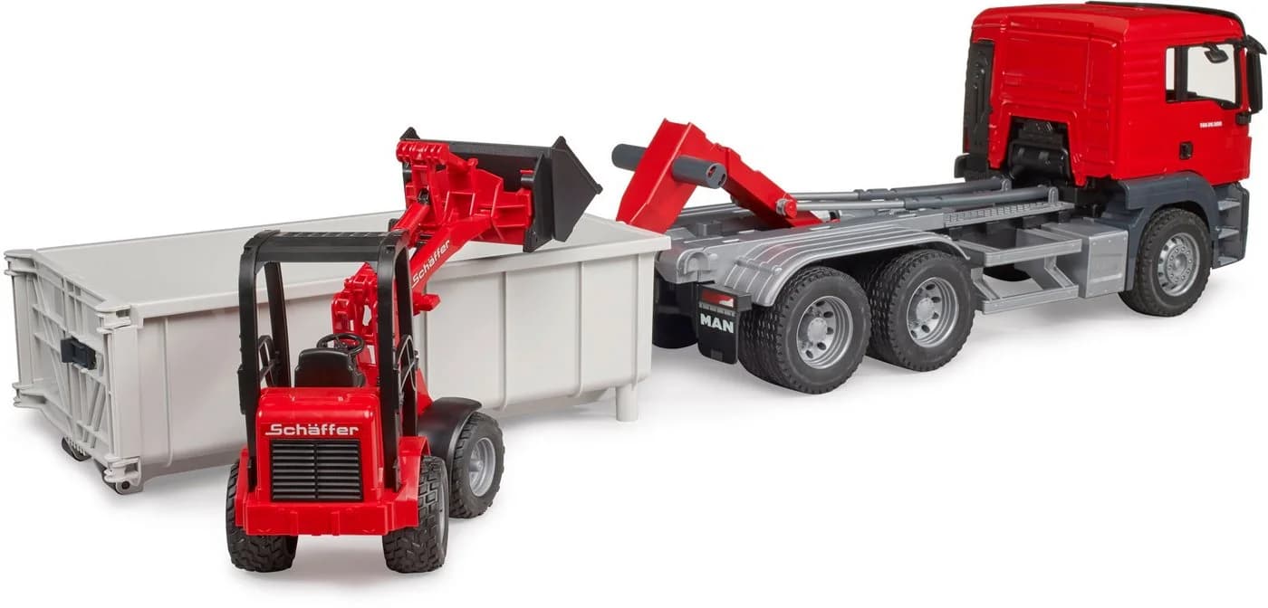 Bruder® MAN TGS LKW 03767 3-tlg. Set mit Abrollcontainer + Schäffer Hoflader Rot - Bild 2