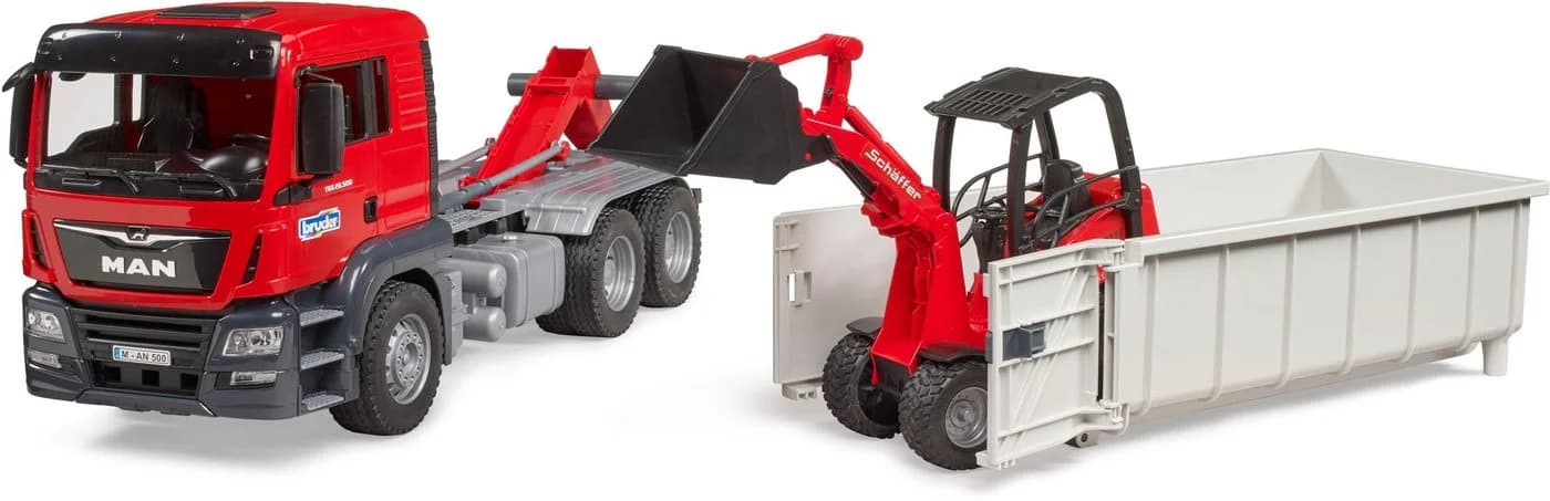 Bruder® MAN TGS LKW 03767 3-tlg. Set mit Abrollcontainer + Schäffer Hoflader Rot - Bild 3