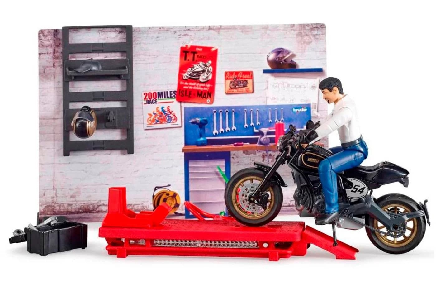 Bruder bworld Motorrad-Werkstatt mit Ducati Cafe Racer und Hebebühne