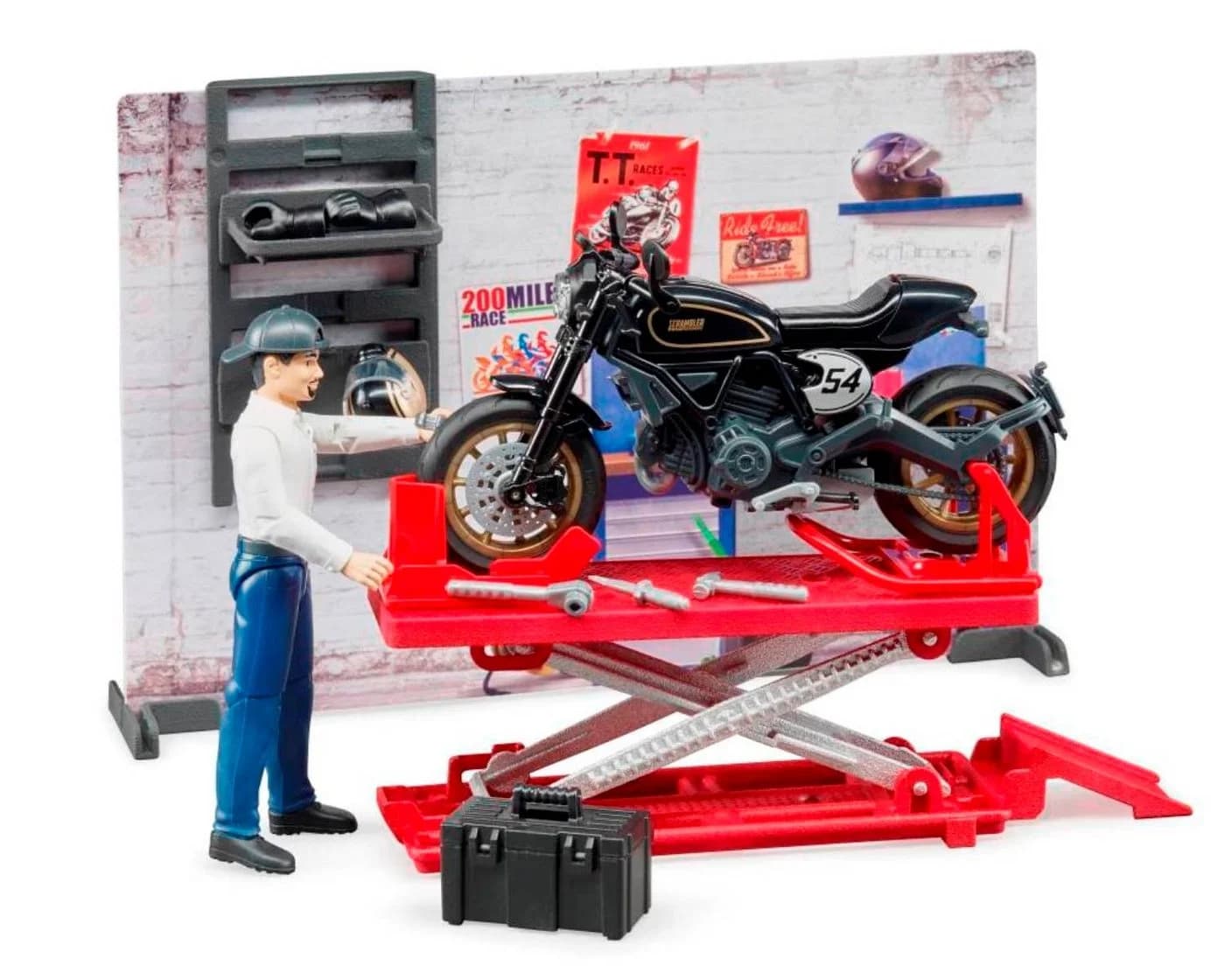 Bruder bworld Motorrad-Werkstatt mit Ducati Cafe Racer und Hebebühne - Bild 2