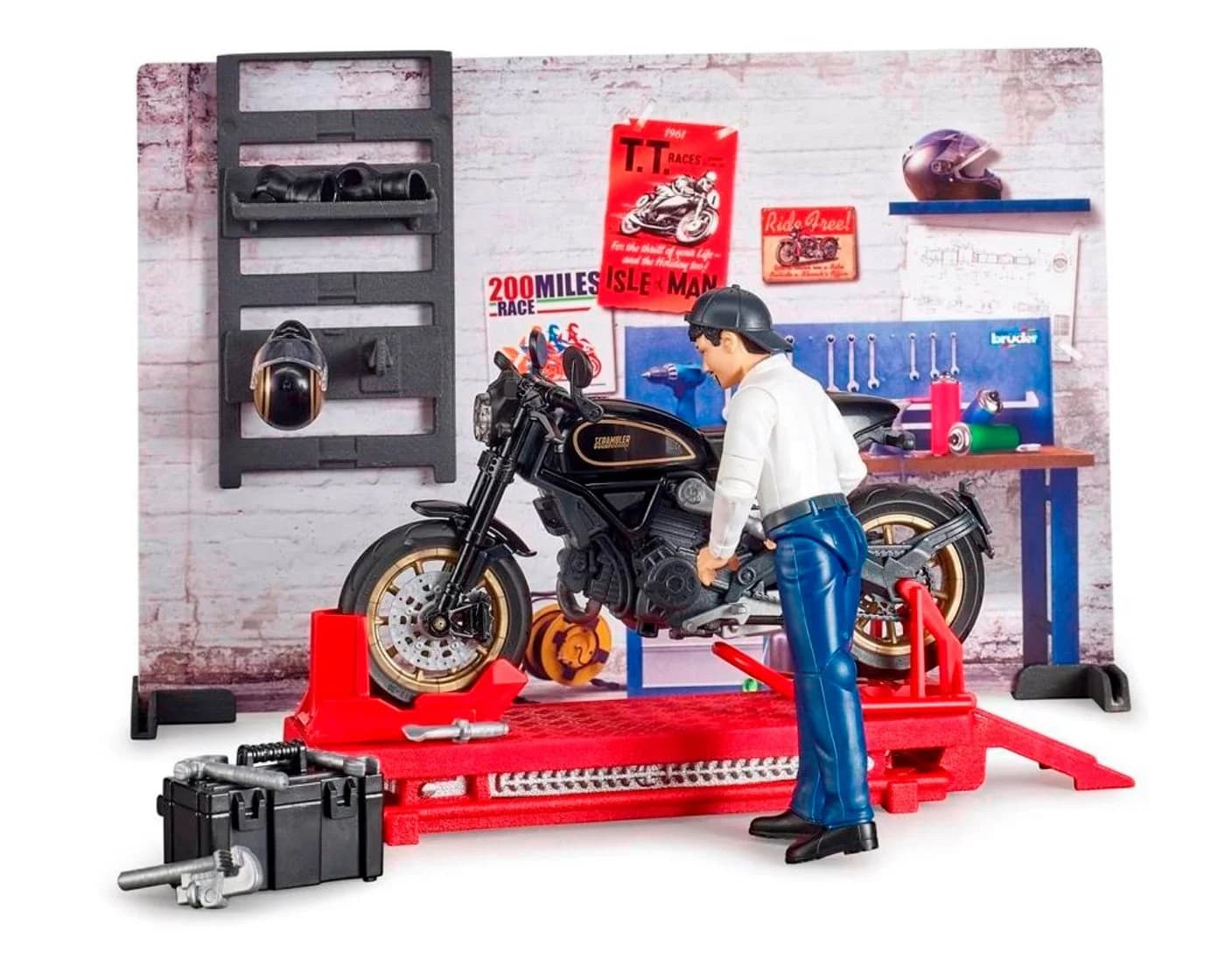 Bruder bworld Motorrad-Werkstatt mit Ducati Cafe Racer und Hebebühne - Bild 3