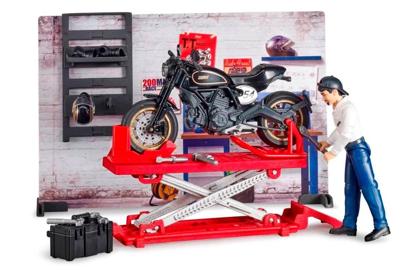 Bruder bworld Motorrad-Werkstatt mit Ducati Cafe Racer und Hebebühne - Bild 4