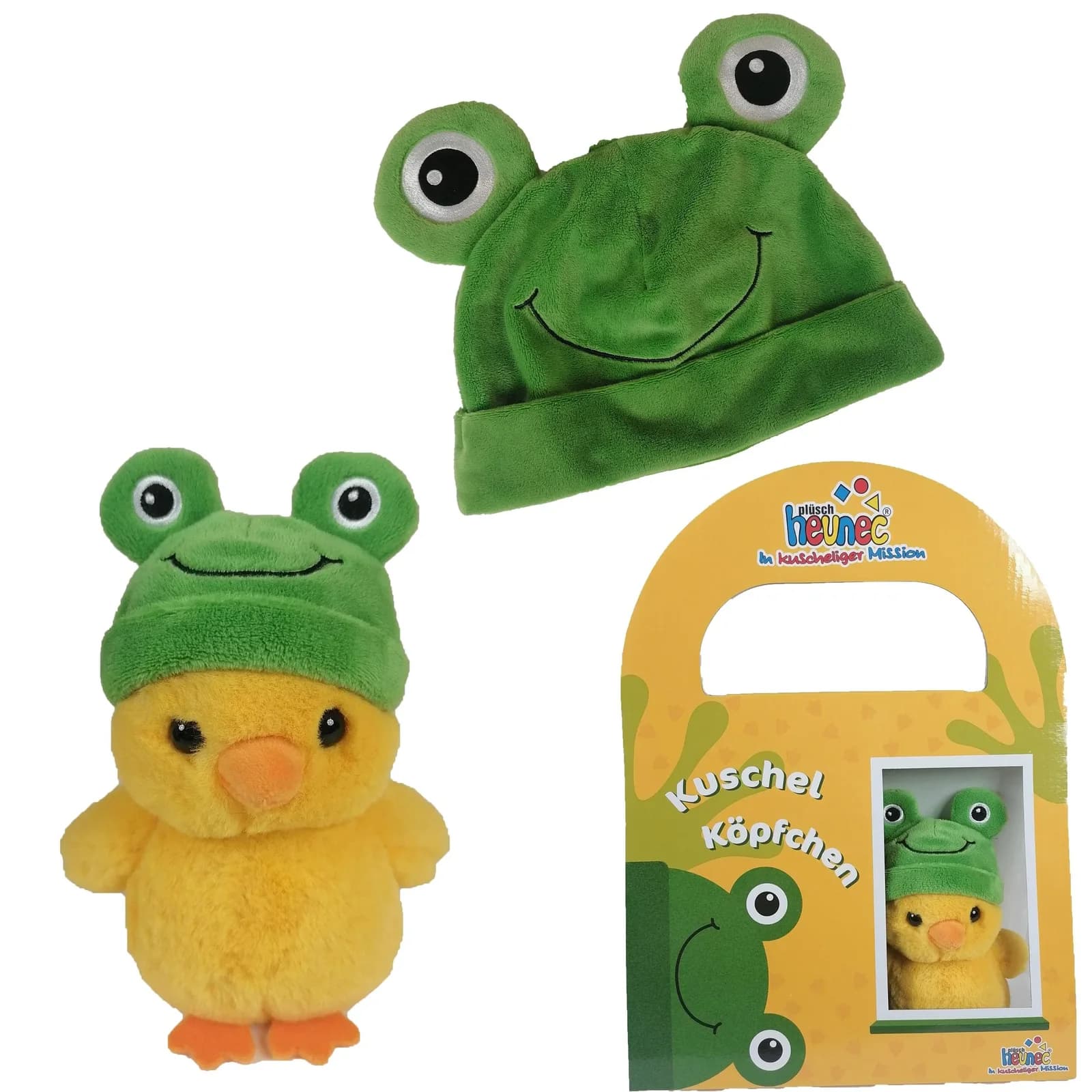 HEUNEC Kuscheltier Ente 13 cm mit Froschmütze, gelb/grün, Polyester