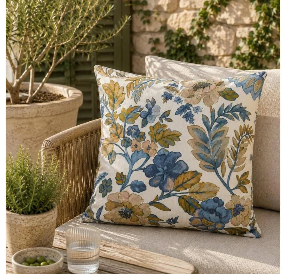 Sander Kissenhülle Ravenna Floral Blau Beige Baumwolle