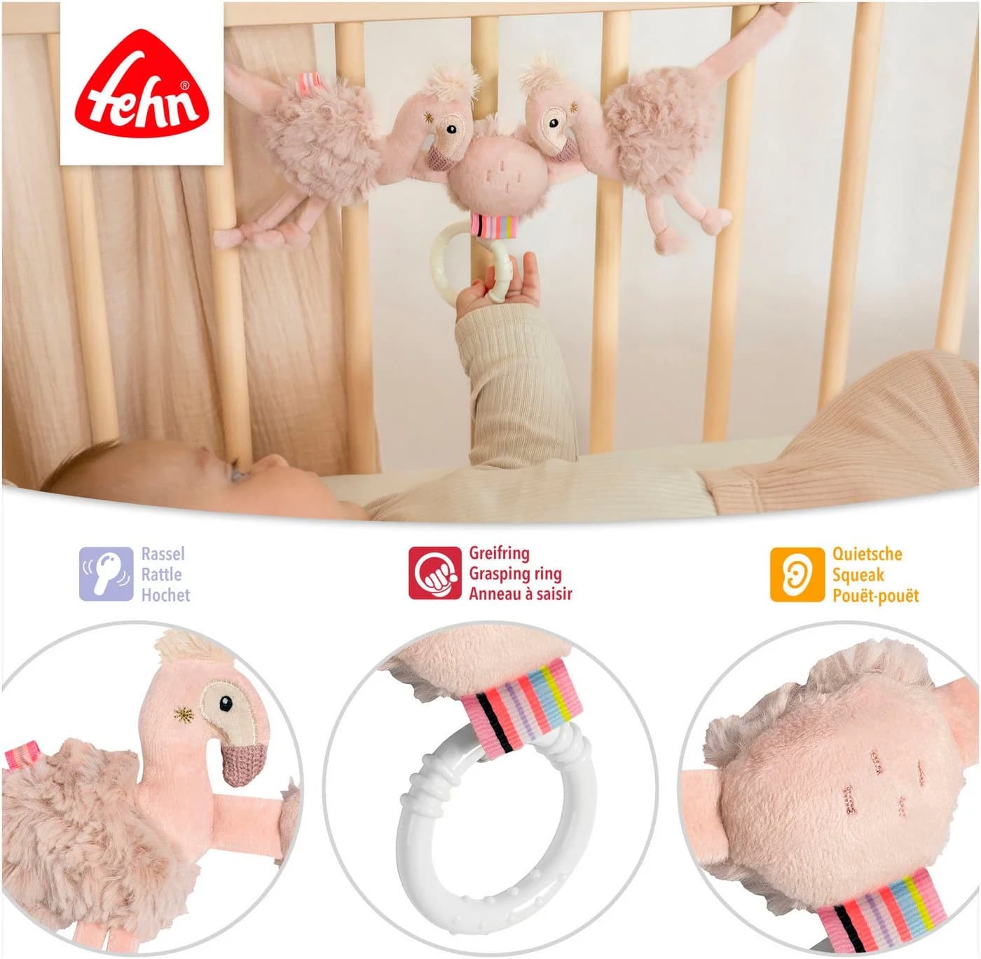 Fehn Kinderwagenkette Flamingo Rosa Plüsch & Softvelour - Bild 3