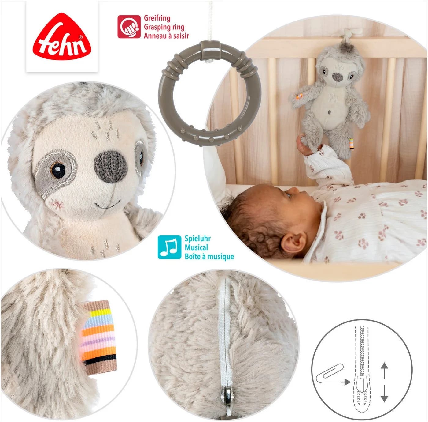FEHN Spieluhr Lazy Crazy & Pink Faultier Grau Beige - Bild 4