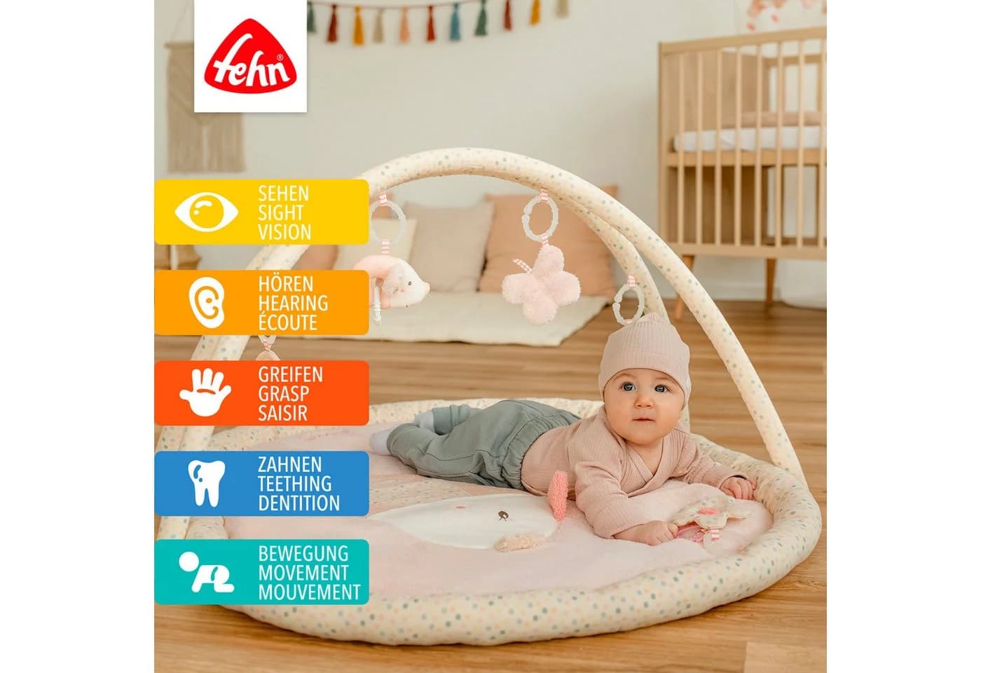 FEHN Baby Gym feehnLAND 3-D-Activity-Decke Vogel Rosa/Beige