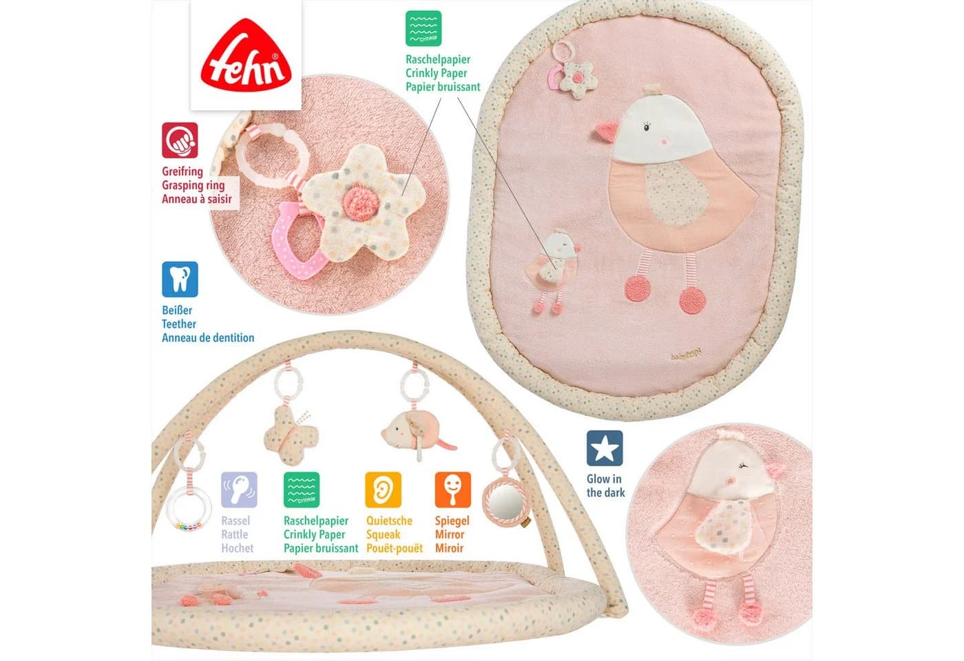 FEHN Baby Gym feehnLAND 3-D-Activity-Decke Vogel Rosa/Beige - Bild 4