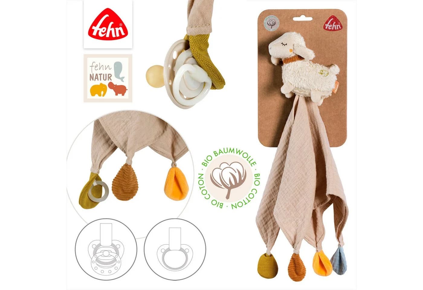 FEHN Schmusetuch Schaf Beige Bio-Baumwolle mit Schnullerhalter - Bild 4