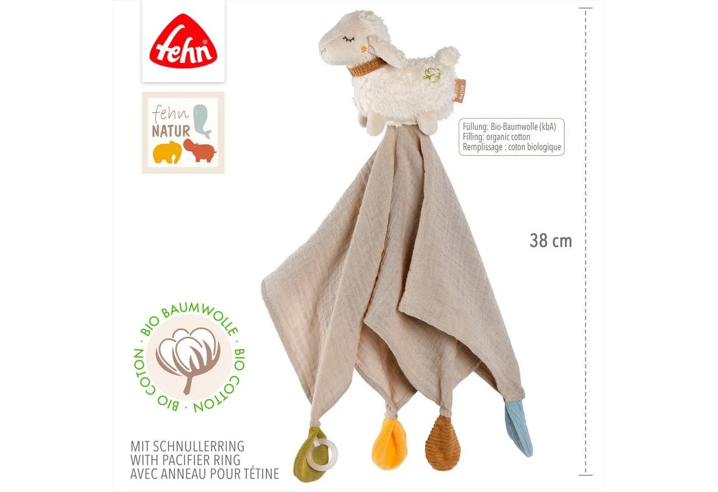 FEHN Schmusetuch Schaf Beige Bio-Baumwolle mit Schnullerhalter - Bild 5