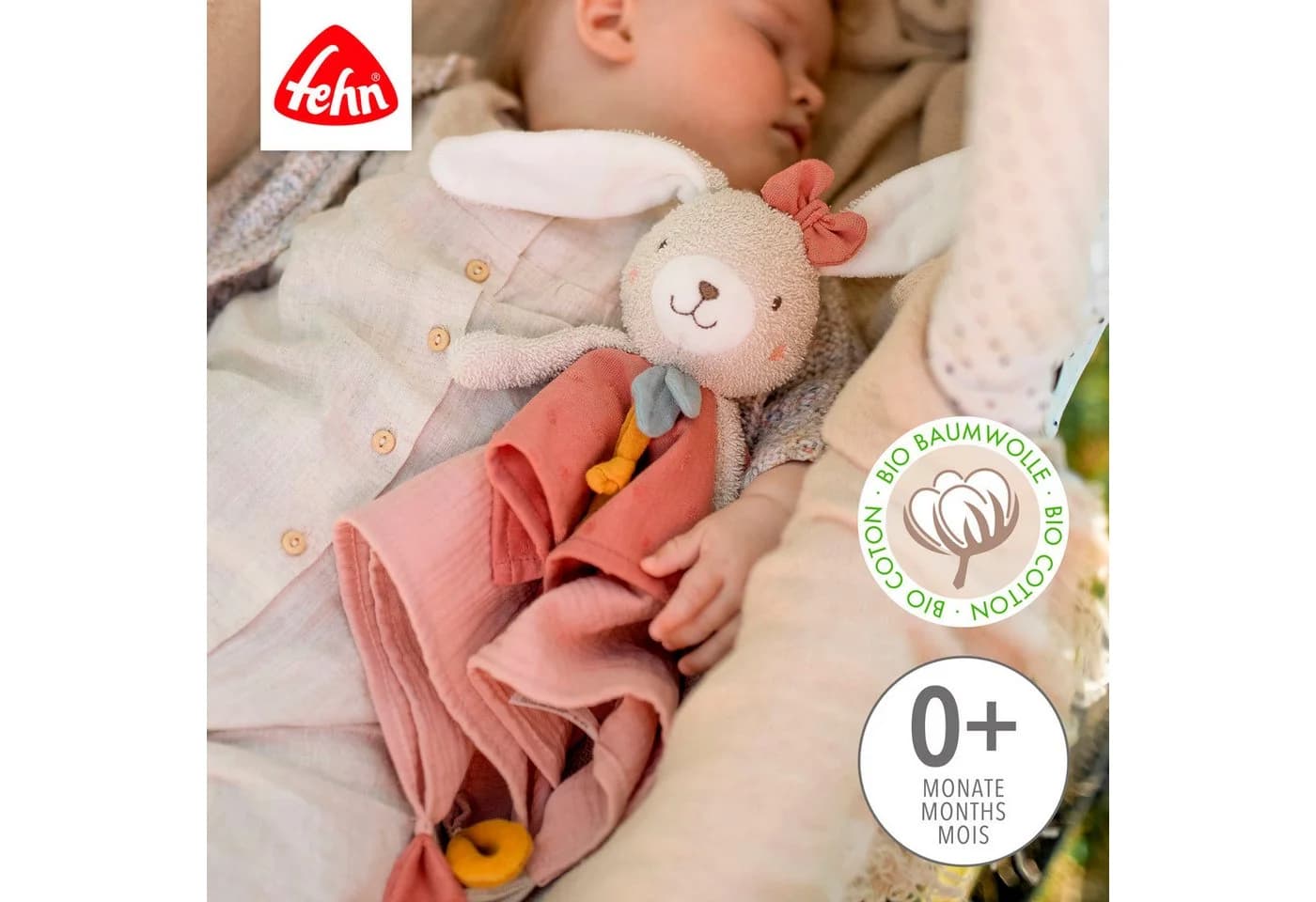Fehn Schmusetuch fehnNATUR Hase Rosa mit Schnullerring - Bild 3