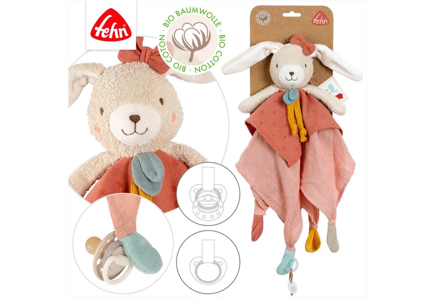 Fehn Schmusetuch fehnNATUR Hase Rosa mit Schnullerring - Bild 4