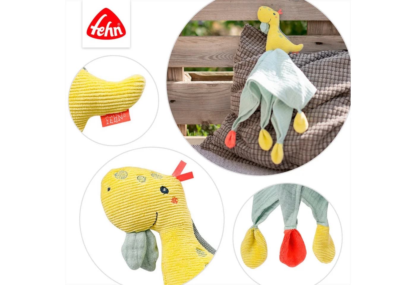 FEHN Happy Dino Kuscheltuch Bunt Baumwolle Musselin Schnuffeltuch Baby - Bild 4