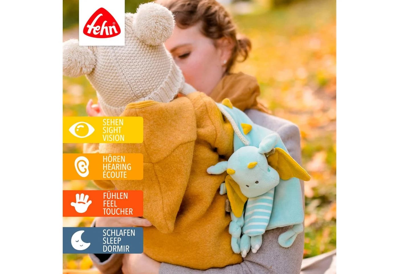 FEHN Schmusetuch Drache Deluxe Baby Blau Jersey Softvelour Schnullerhalter