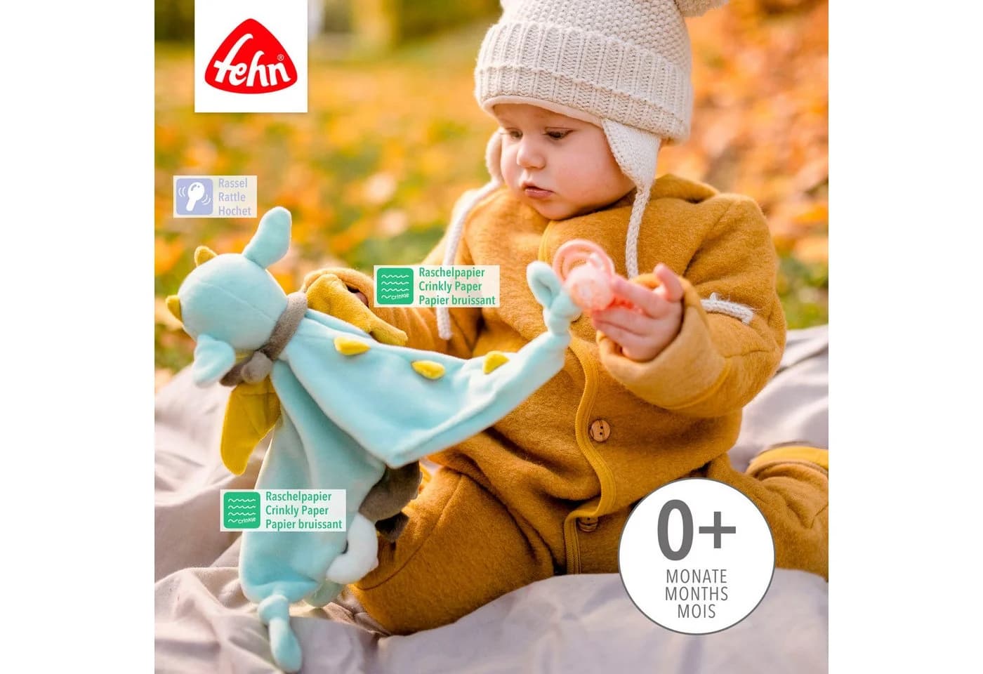FEHN Schmusetuch Drache Deluxe Baby Blau Jersey Softvelour Schnullerhalter - Bild 3