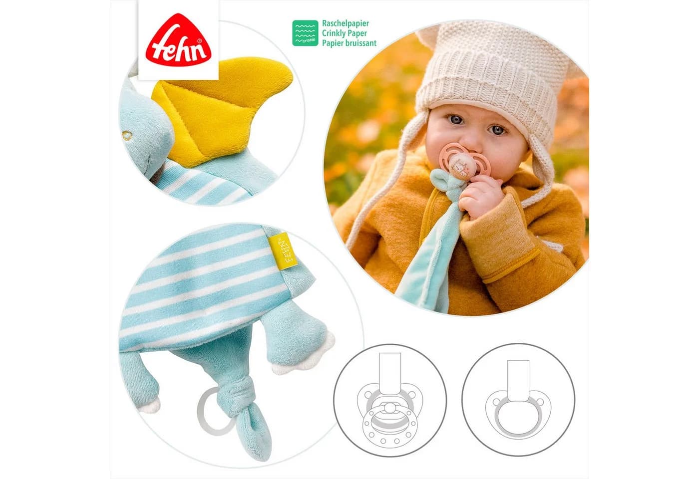 FEHN Schmusetuch Drache Deluxe Baby Blau Jersey Softvelour Schnullerhalter - Bild 4