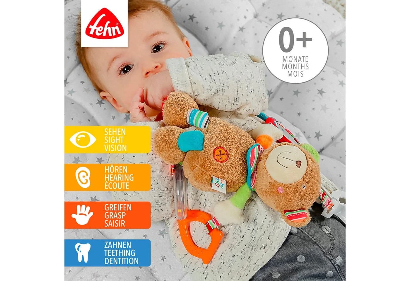 FEHN Activity-Teddy Classic Stars Greifspielzeug Bunt mit Klemme