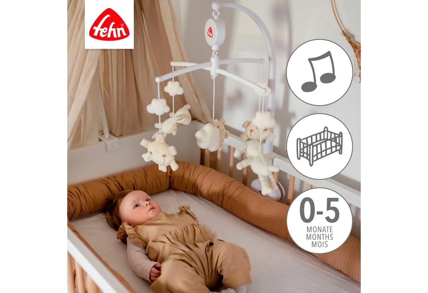 FEHN BabyLOVE Schaf Musikmobile Beige Plüsch Spieluhr