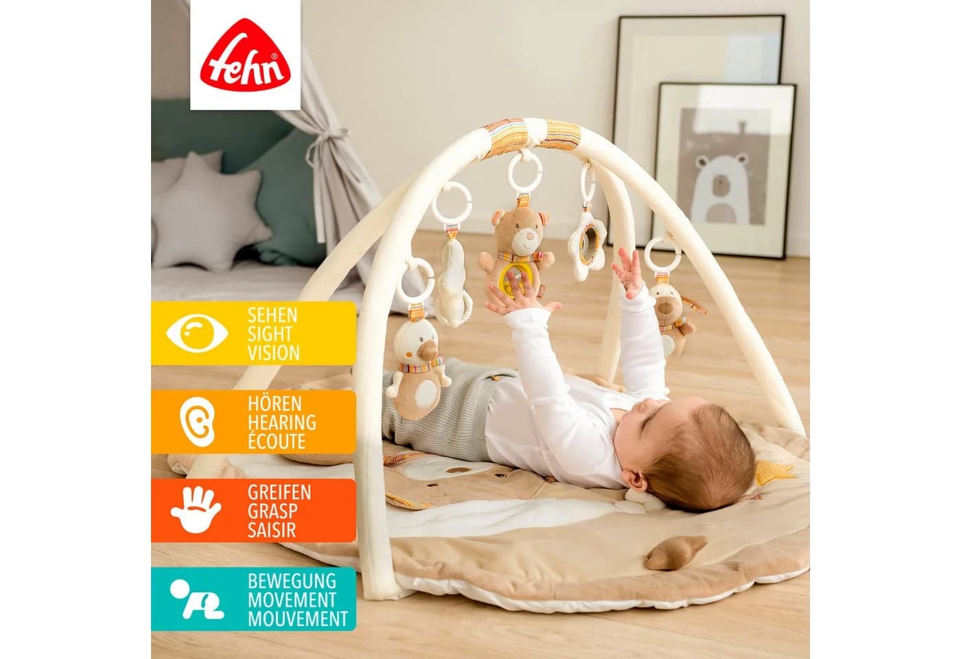 FEHN Spielbogen Rainbow 3-D-Activity-Decke Braun mit Krabbeldecke
