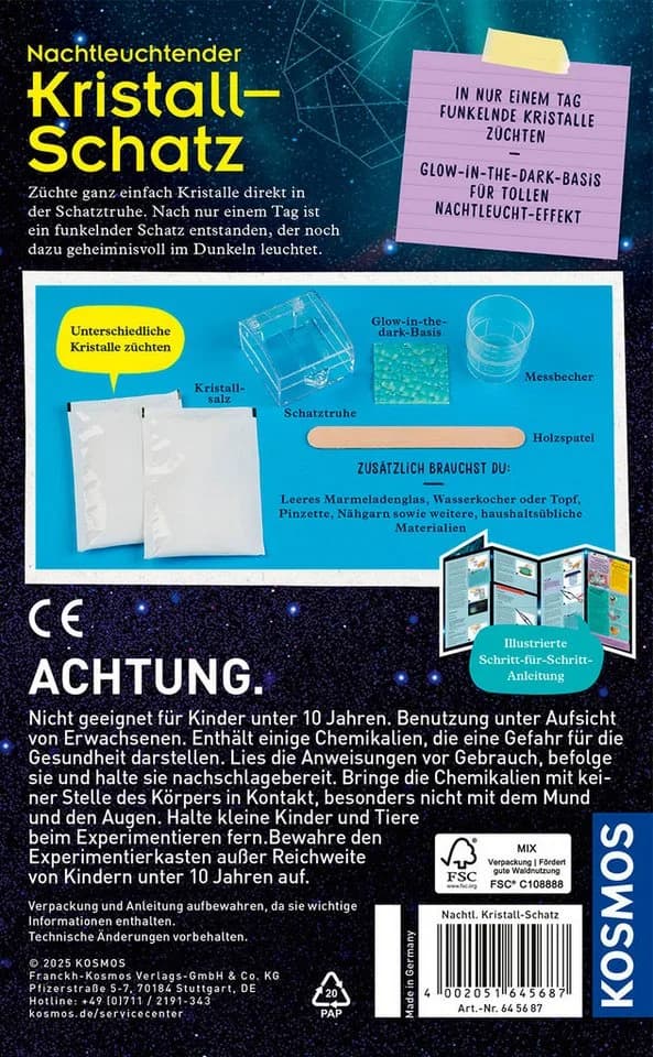 Kosmos Experimentierkasten Nachtleuchtender Kristall-Schatz Made in Germany