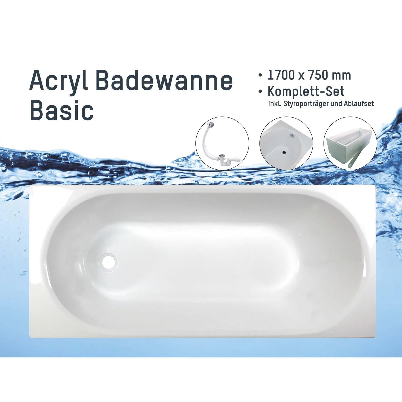sanicomfort Badewanne Komplettset Basic Rechteck 170x75 cm mit Wannenträger und Ablaufgarnitur, Acryl-Badewanne, weiß