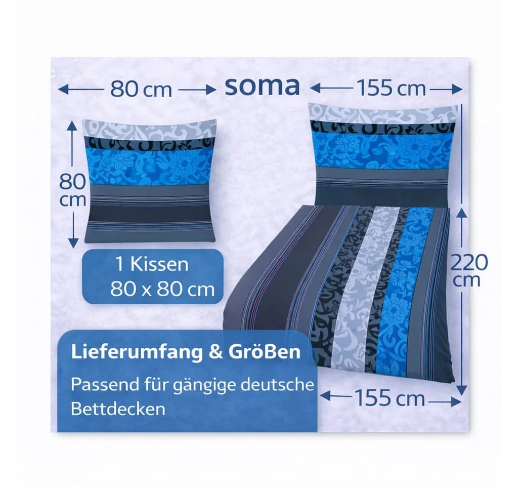 soma Bettwäsche Bettbezug 155x220 80x80 Barock gestreift Boho grau blau Biber - Bild 4