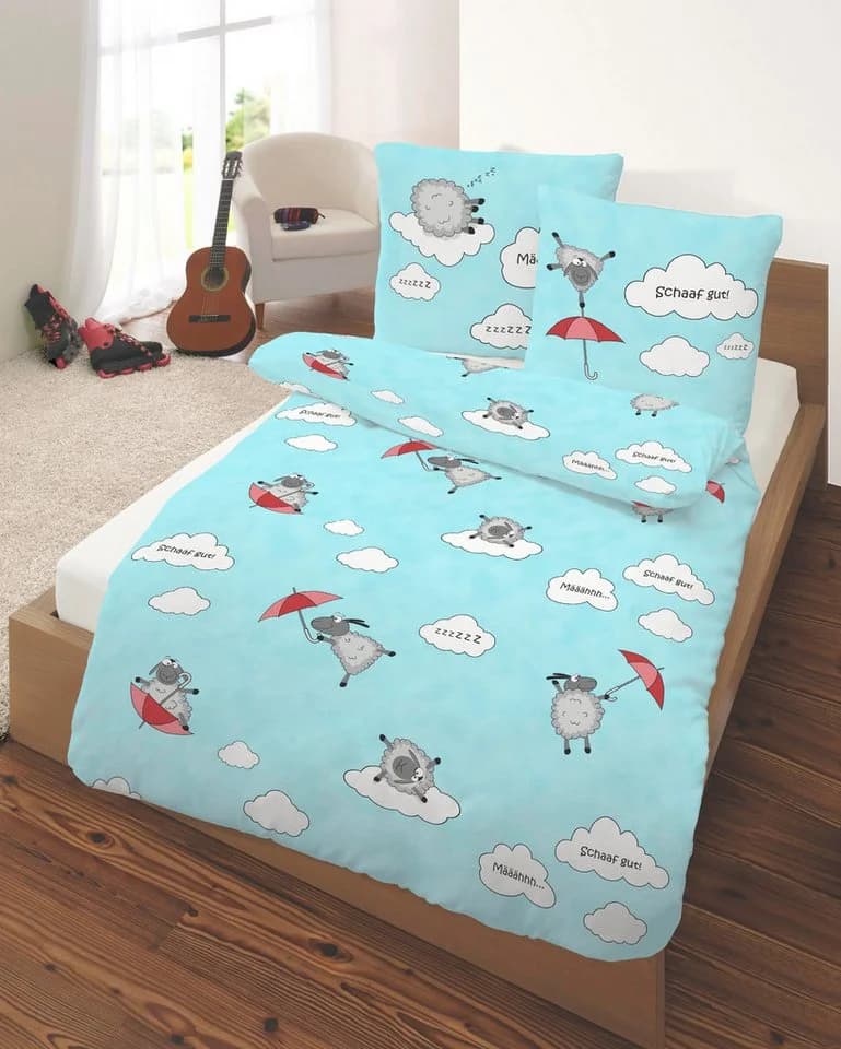 SOMA Bettwäsche Biber 135x200 Blau 2-teilig mit Schafen