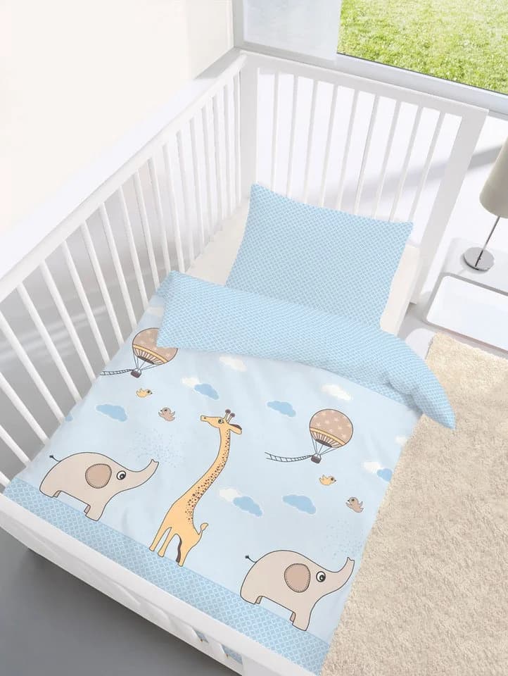 DOBNIG Babybettwäsche Safari Elefant Giraffe Blau 100x135cm