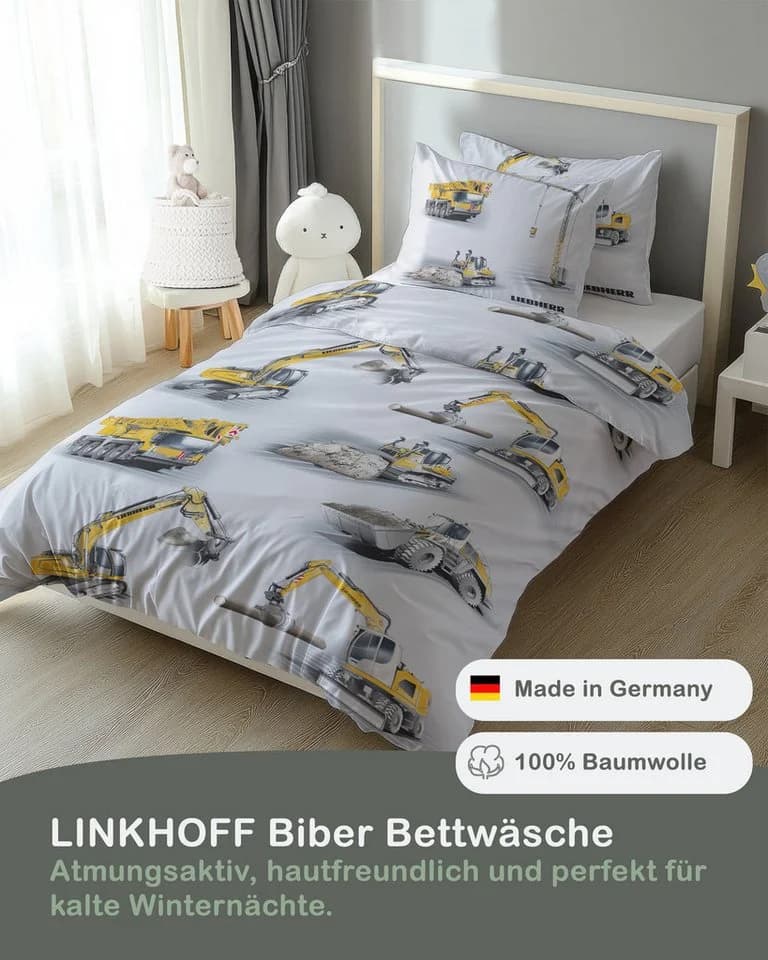 LINKHOFF Kinderbettwäsche Bagger 135x200 Biber Set - Bild 3