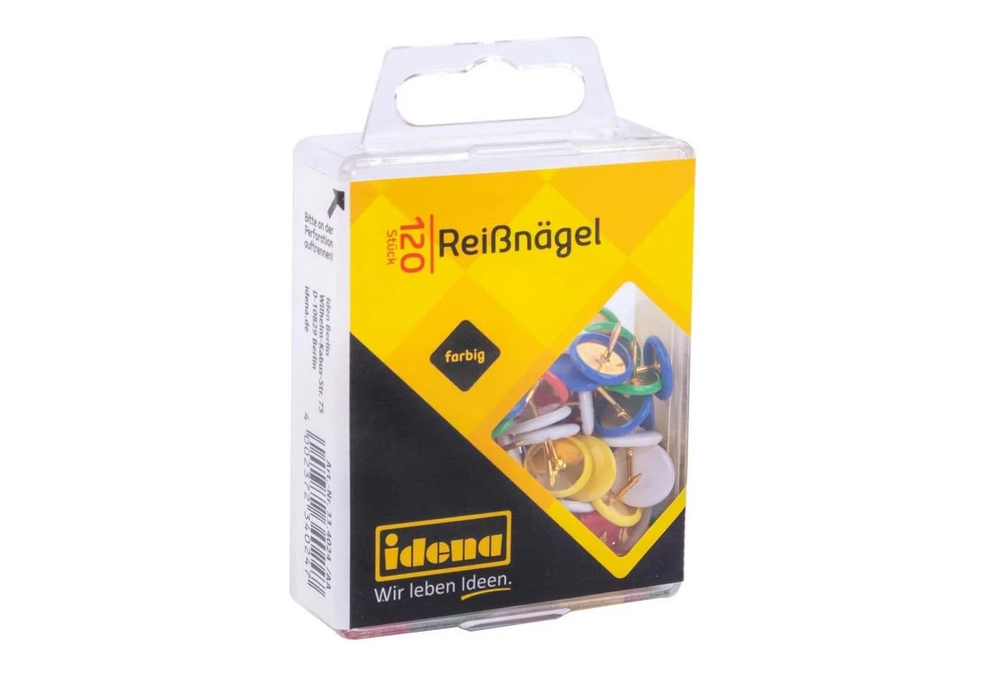 Idena Reißnägel 120 Stück farbig sortiert mit Hängebox