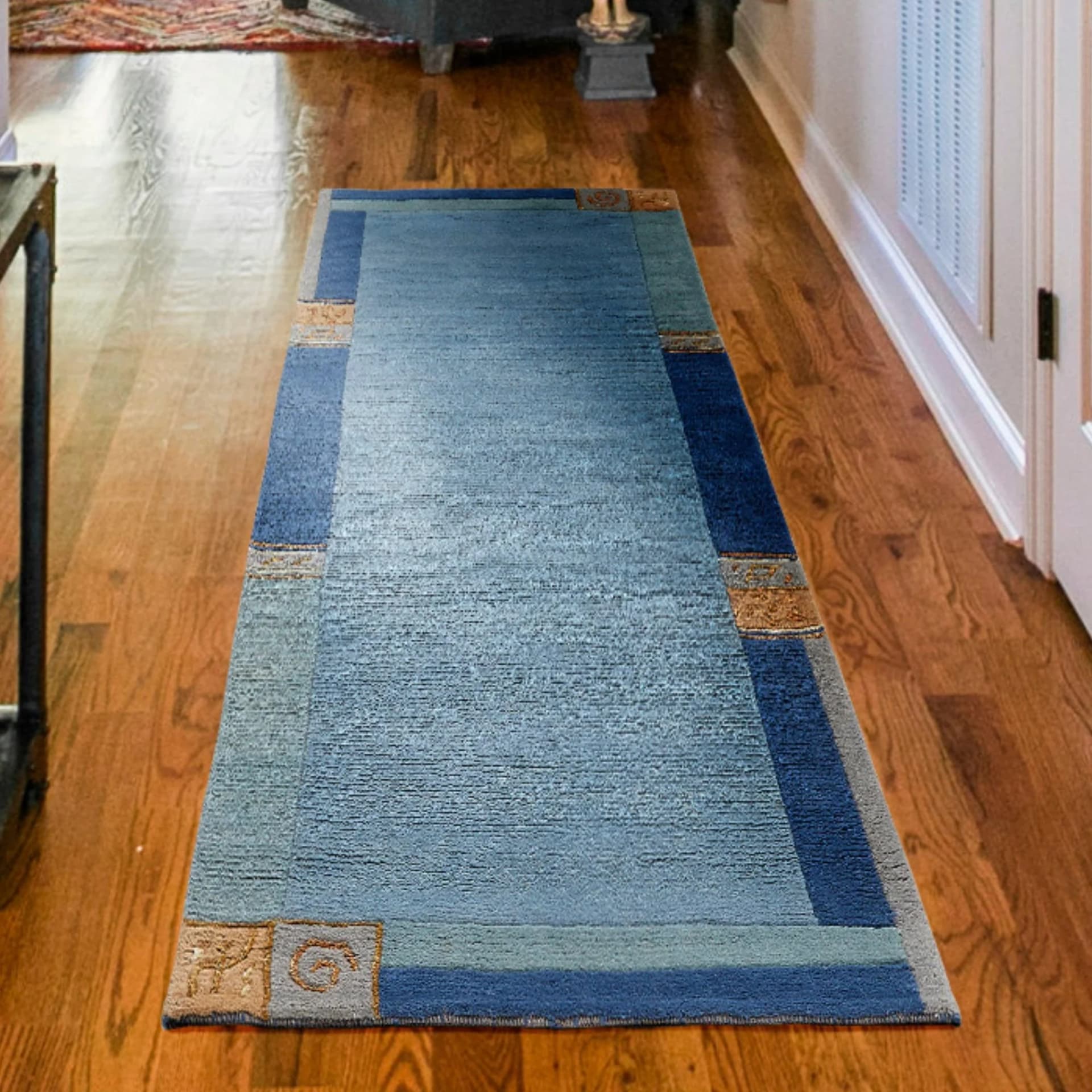 Designer Teppich aus Wolle in Blau und Beige, handgeknüpft