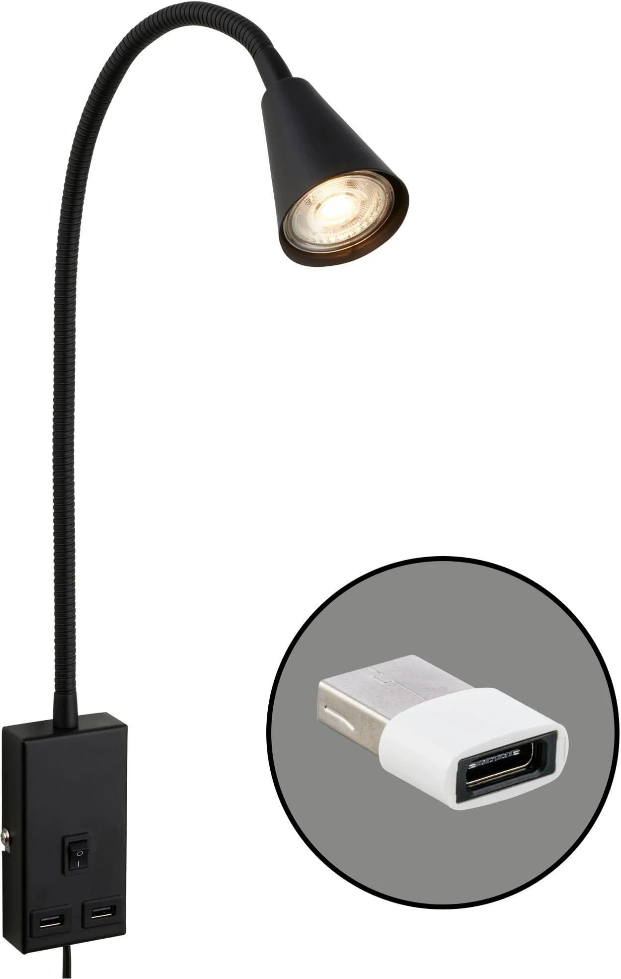 Briloner Leuchten Nachttischlampe JUSTRA schwarz mit USB-Anschluss