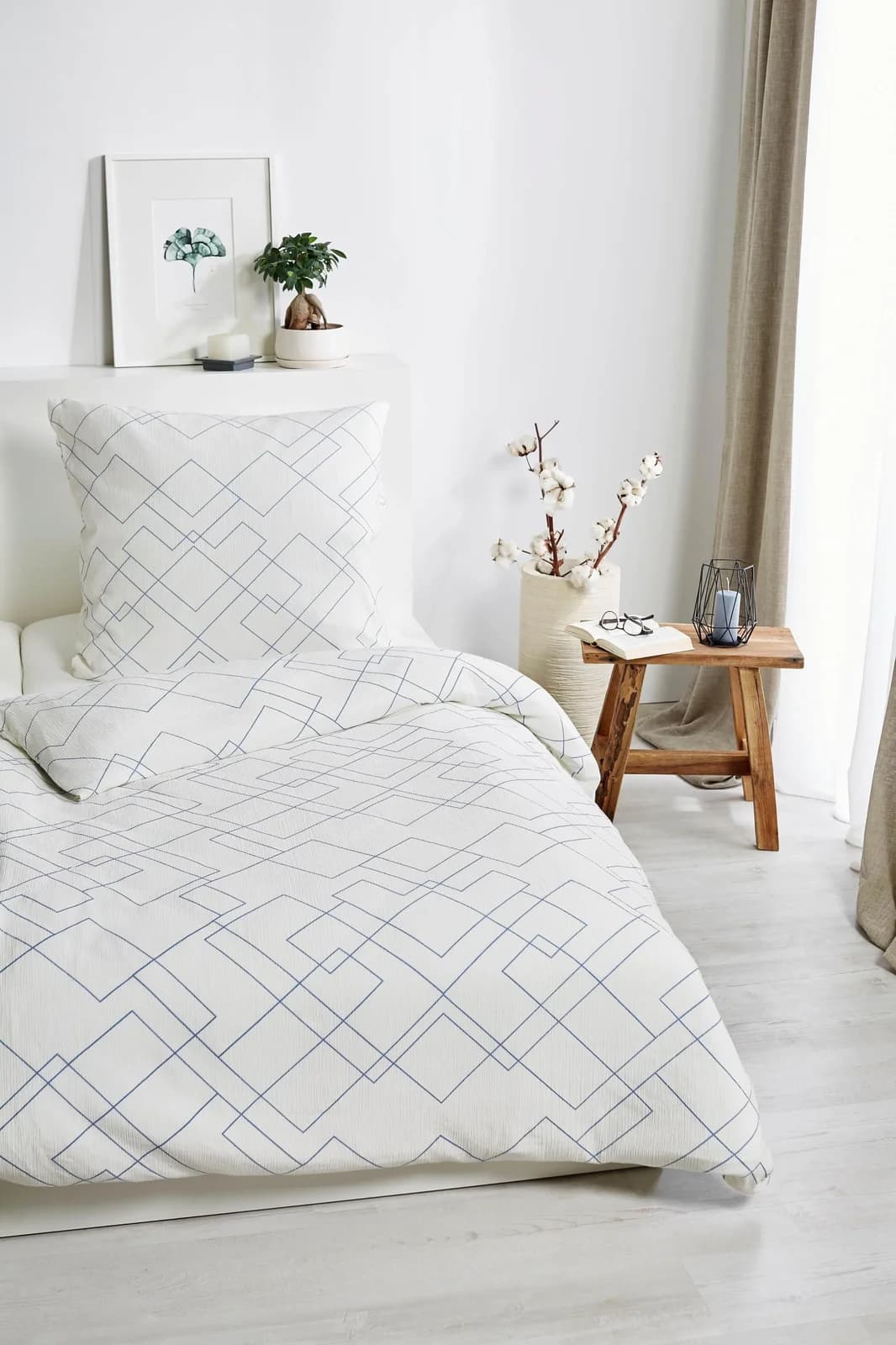 PRIMERA Bio Crepe Mosaik Bettwäsche Set Beige/Blau 100% Baumwolle