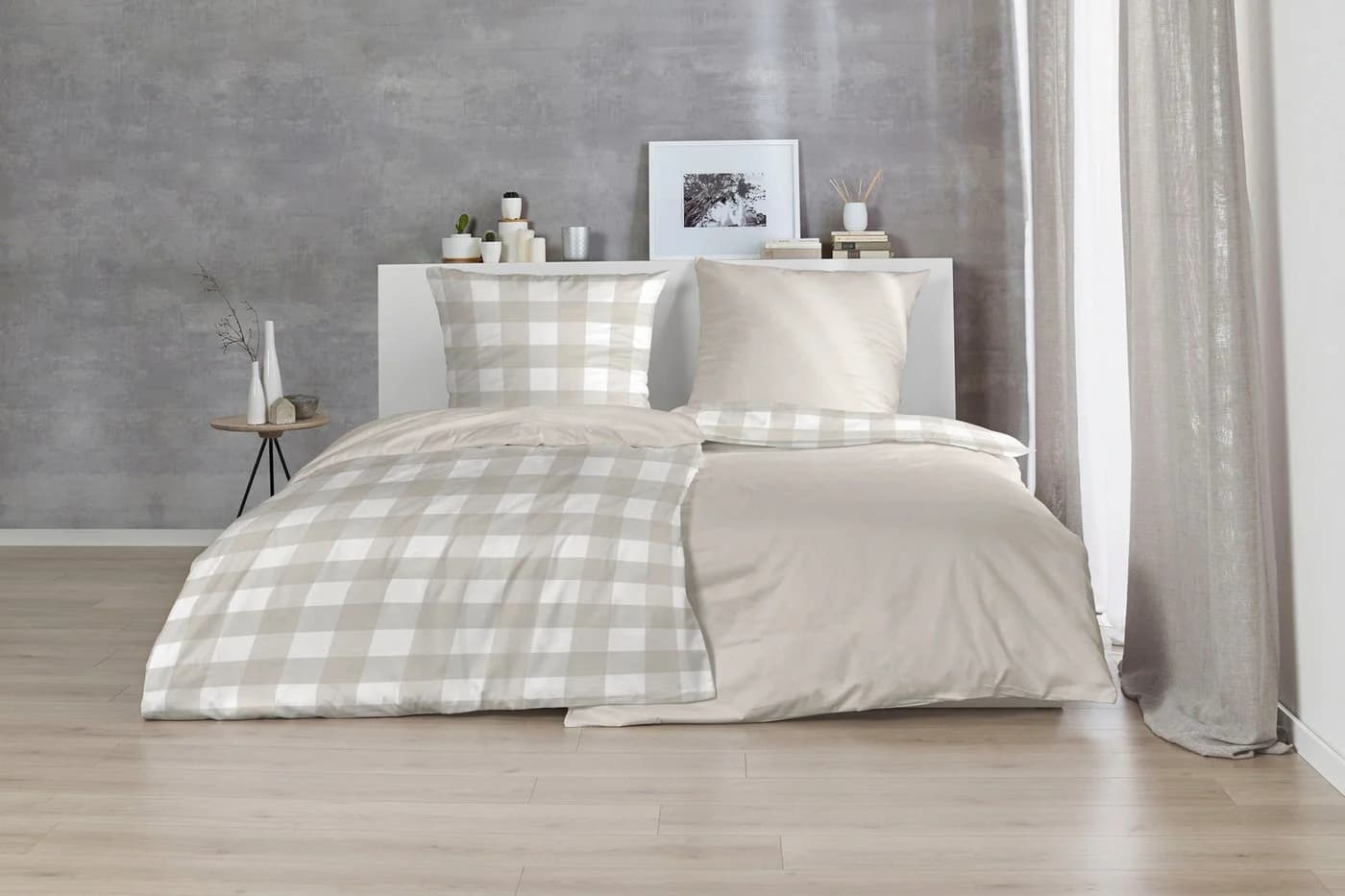 PRIMERA Basic Perkal Bettwäsche Weiß Beige Karo 135x200cm