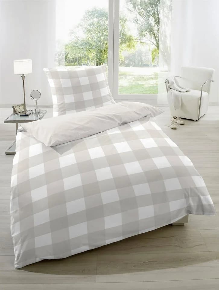 PRIMERA Basic Perkal Bettwäsche Weiß Beige Karo 135x200cm - Bild 5