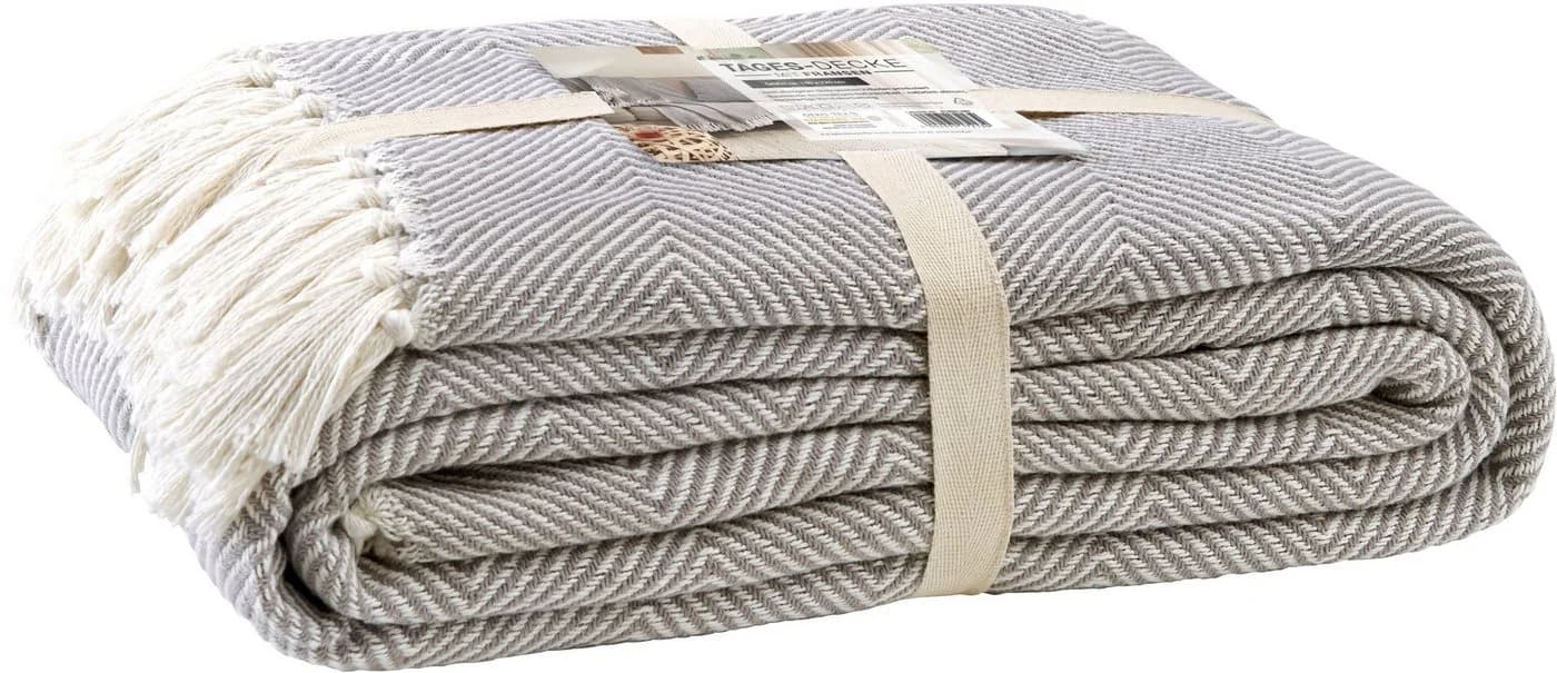 Primera Tagesdecke Fransen Taupe/Weiß Fischgrat-Muster Baumwolle