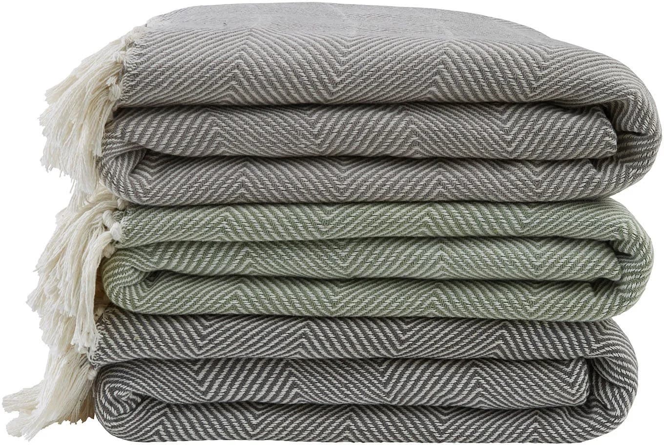 Primera Tagesdecke Fransen Olive/Weiß Baumwolle Fischgrat-Muster
