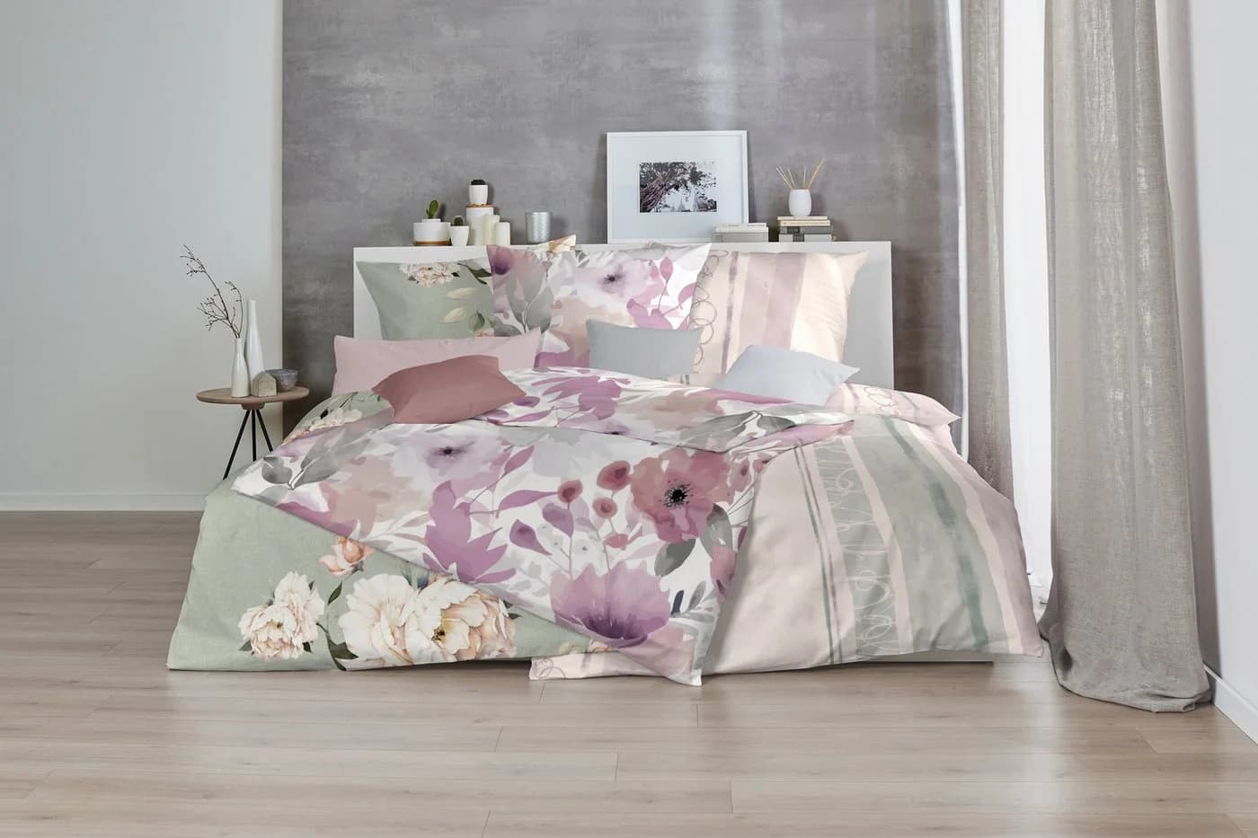 PRIMERA Feinbiber-Bettwäsche Lila Grau Blumenmuster 100% Baumwolle - Bild 5