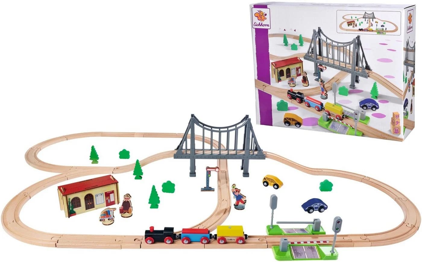 Eichhorn Spielzeug-Eisenbahn Bahnset mit Brücke 55-tlg. Bunt Holz - Bild 2