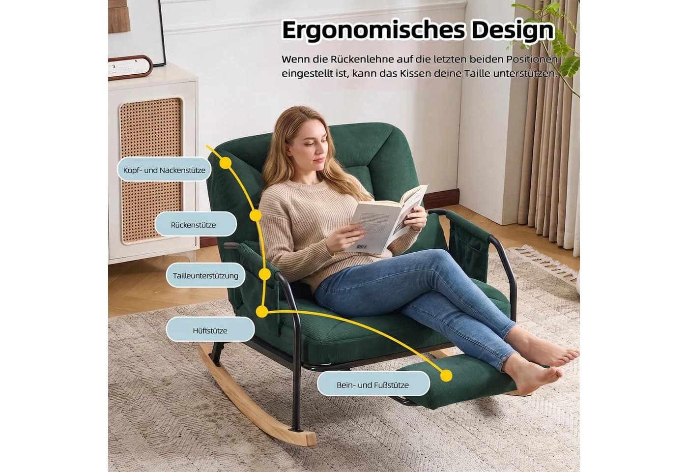 Bonzy Home Relaxsessel Schaukelstuhl Grün mit Fußstütze - Bild 3