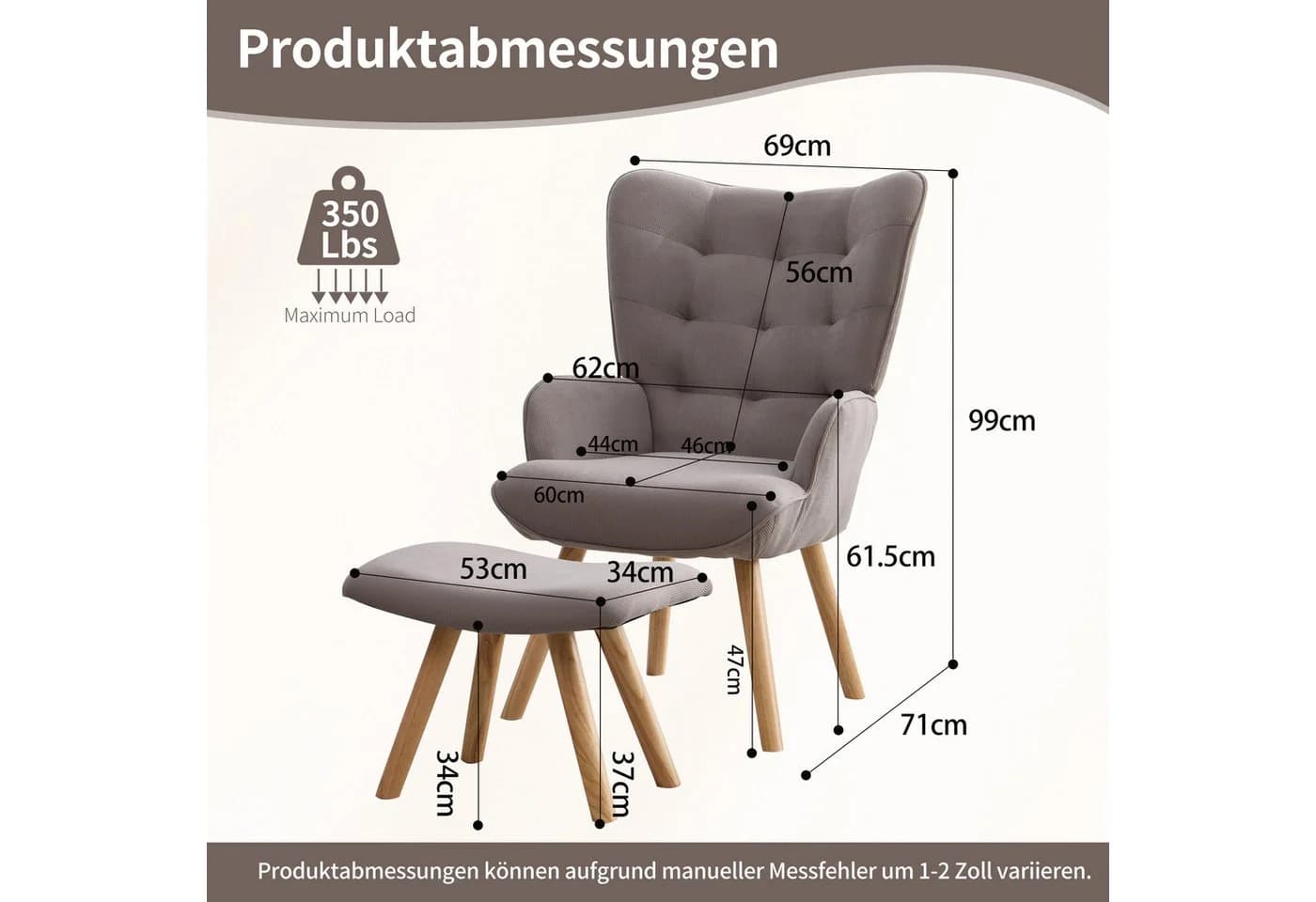 CANMOV Relaxsessel Modern mit Hocker Grau