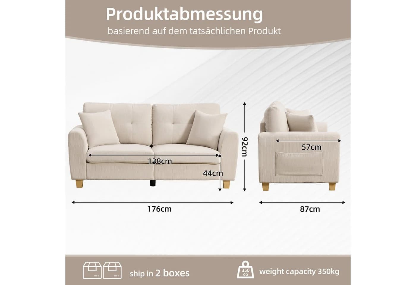 CANMOV Schlafsofa 2-Sitzer Beige Cord mit Seitentasche