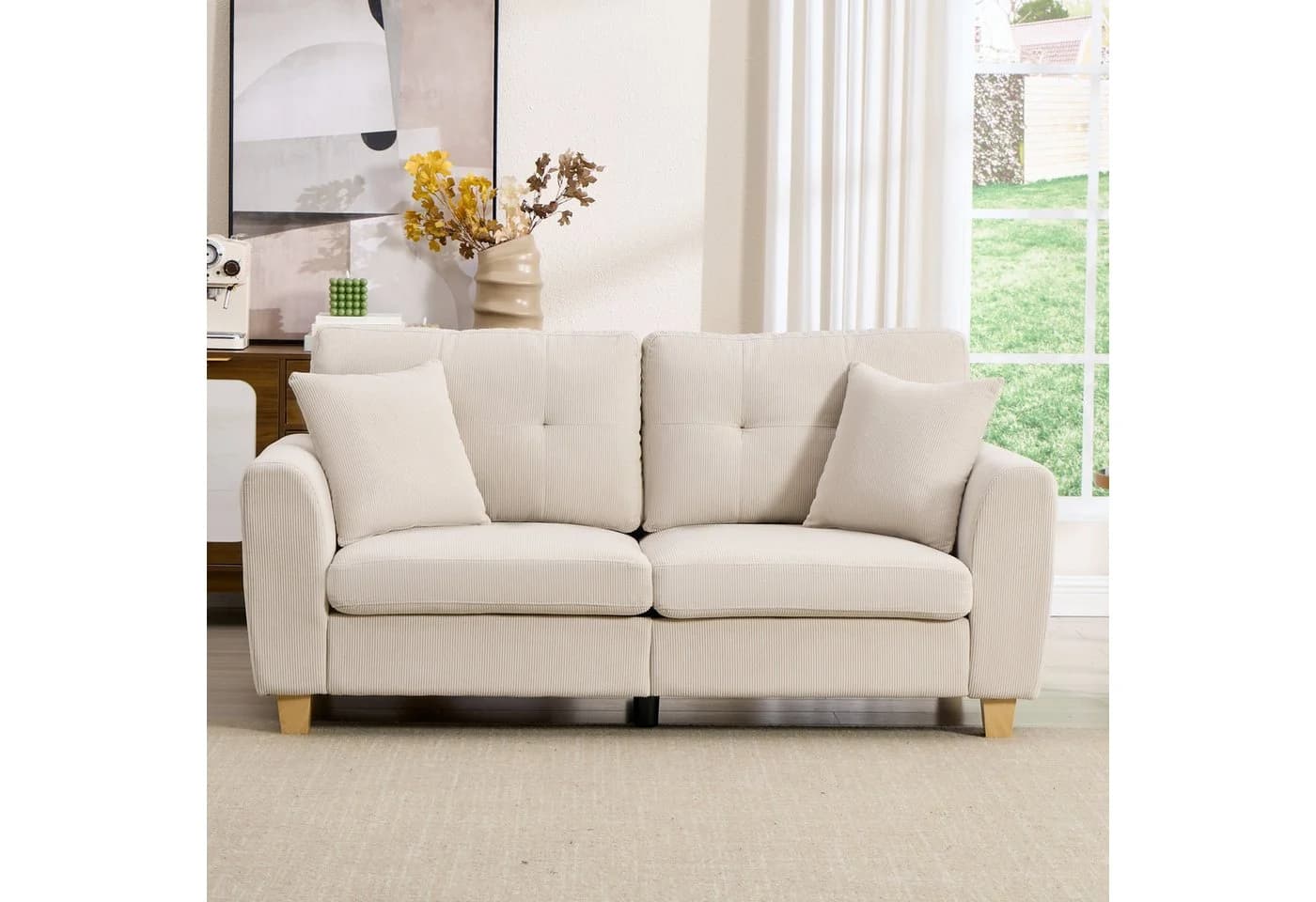CANMOV Schlafsofa 2-Sitzer Beige Cord mit Seitentasche - Bild 2